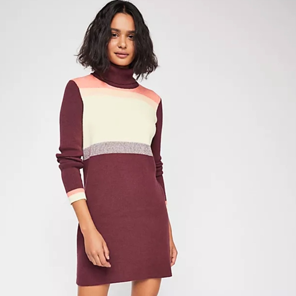 FREE PEOPLE Maroon Colorblock Turtleneck Sweater Dress